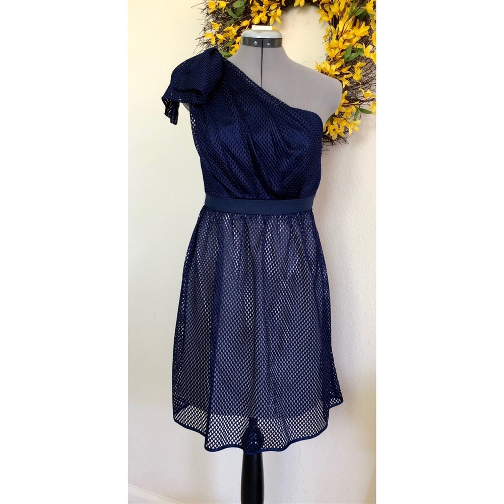 THREAD SOCIAL Navy Blue One Shoulder Mesh Dress